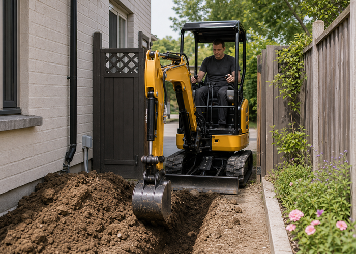 1 ton mini excavator working in a tight access area